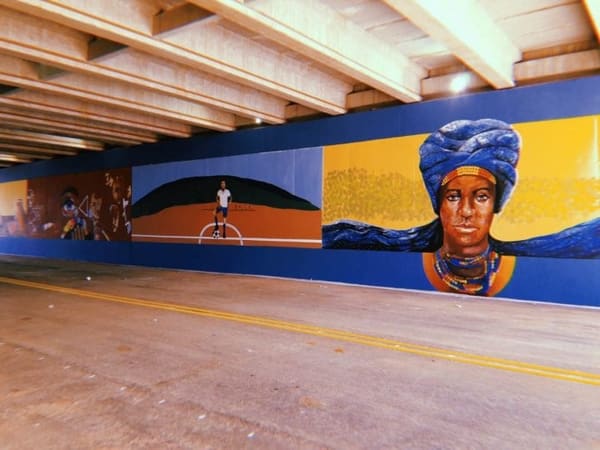 Viaduto Vereador João Antônio Borges, na Avenida São Paulo, na Vila Brasília, em Aparecida de Goiânia, ganha grafites do projeto Galeria Cidade | Foto:  Carlos Freitas