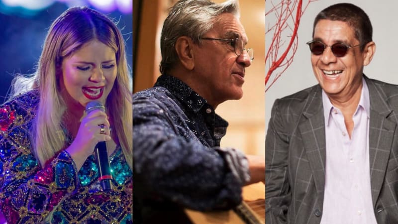 Marília Mendonça, Caetano Veloso e Zeca Pagodinho são os destaques da agenda de lives desta semana | Fotos: Divulgação