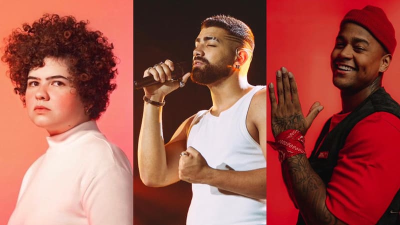 Bruna Mendez se apresenta na segunda-feira, no Festival Vaca Amarela. Dilsinho e Léo Santana fazem lives no fim de semana | Montagem: Aproveite a cidade