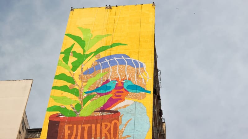Arte de Wes Gama ainda execução, no Edifício Alencastro Veiga, no Centro de Goiânia | Foto: Carla Falcão