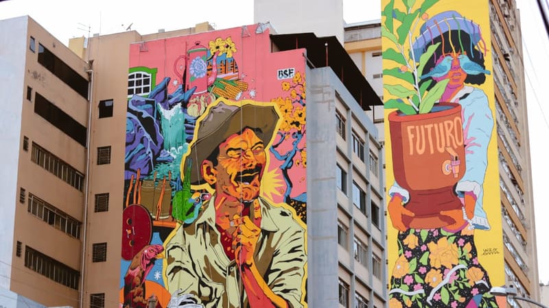 Murais de arte urbana feitos na Rua 3, no Centro de Goiânia, nos últimos meses de 2020 | Foto: Carla Falcão/Aproveite a cidade