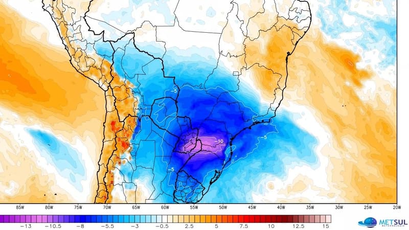 Mapa mostra frente fria em Goiás e diversos outros estados do Brasil na próxima semana | Foto: MetSul